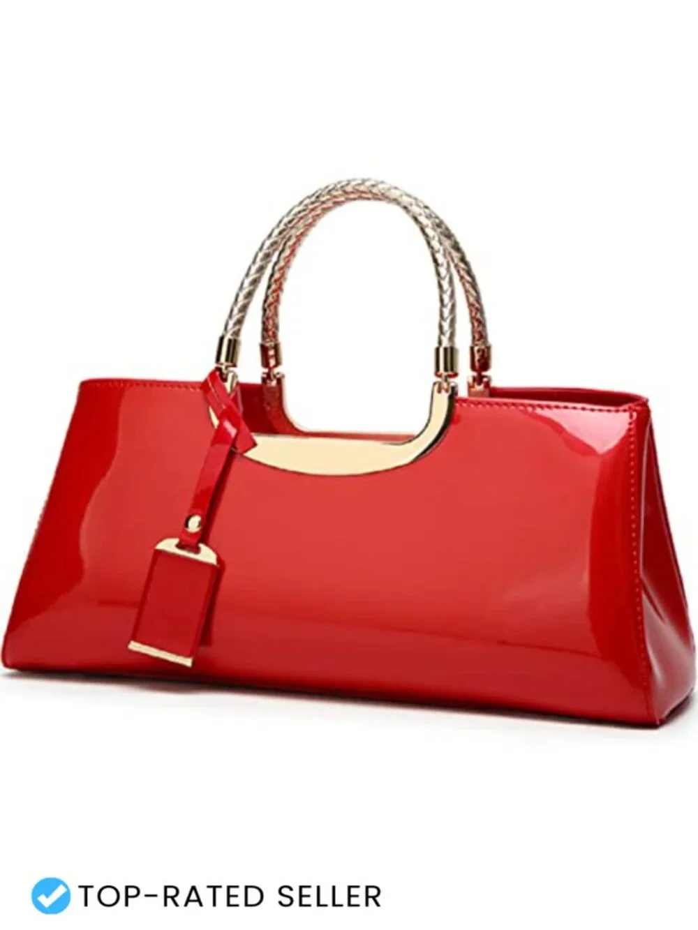 Faux Patent Leather Top-Handle Satchel Tote Structured Shoulder Bag Evening